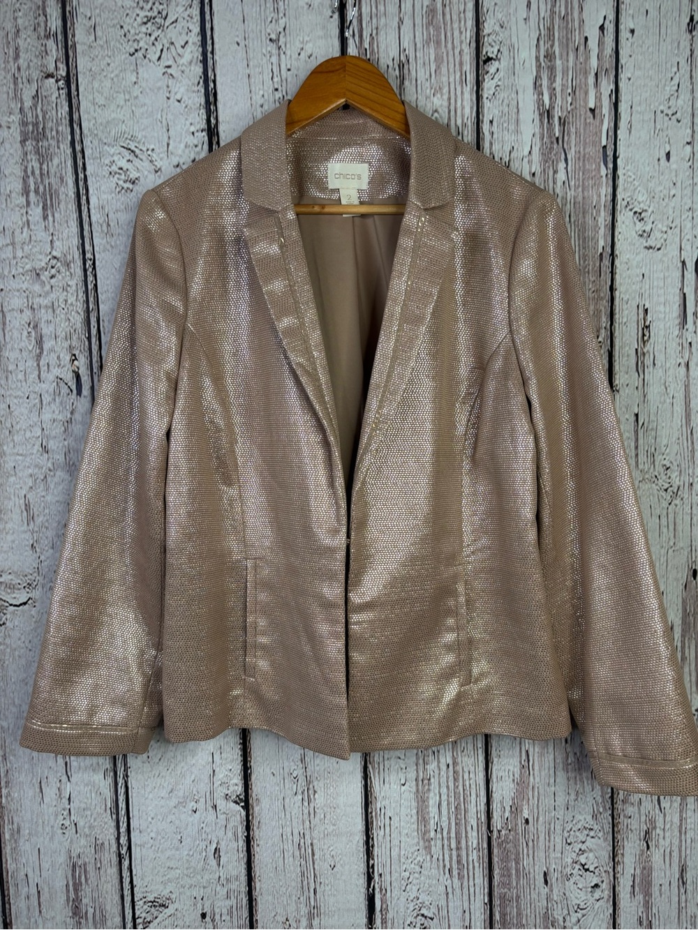 Chico’s 2 Large Women’s Glimmering Drape Front Champagne Gold Metallic‎ Jacket